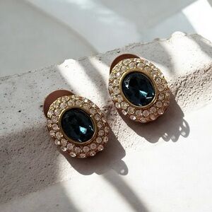 Signed ROMAN Blue sapphire clear Rhinestone oval Gold Tone Earrings..